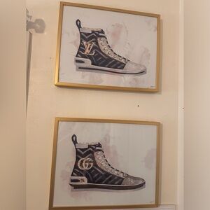 Louis Vuitton and Gucci shoe prints in gold frames